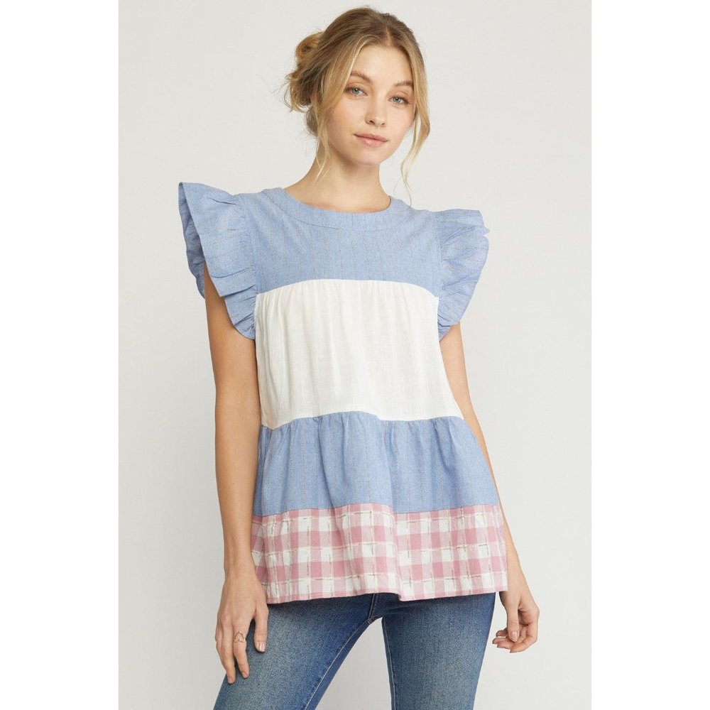 entro Mixed Print Tiered Top, Blue - Picture 1 of 7